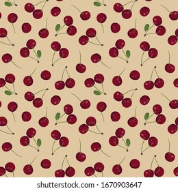 Patrón transparente de cerezo; cereza jugosa con hojas sobre fondo naranja para tela, papel pintado, embalaje, textil, diseño web.
