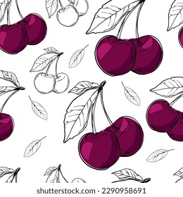 Cherry seamless pattern. line drawing