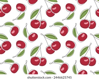 Cherry seamless pattern. Line drawn juicy cherries berries background. Abstract summer fruit illustration.Pattern for packaging design, wallpaper, cover, fabric print