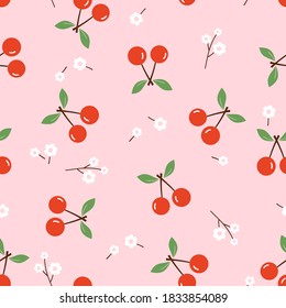 Cherry seamless pattern with little flower on pink background vector illustration. Cute fruit print.