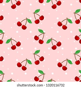 cherry seamless pattern on pink background, wrapping paper, vector textile fabric print vector illustration.red cherry