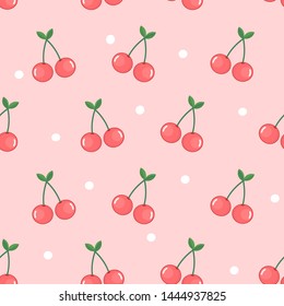 Cherry seamless pattern on pink background, fabric print vector illustration.