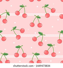 Cherry seamless pattern on pink background, fabric print vector illustration.cute cherry with green leaves