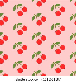 Cherry seamless pattern on pink background. Vector illustration.