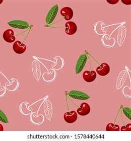 Cherry seamless pattern on red background. Vector illustration of ripe berries and white outline in cartoon simple flat style.