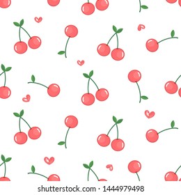 Cherry seamless pattern on white background, cute fruit with green leaves, fabric print vector illustration.