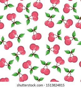 Cherry seamless pattern on white background. Colorful fruit background.