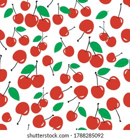 Cherry seamless pattern on a white background. Vector berries with green leaves. Fashion trend background.