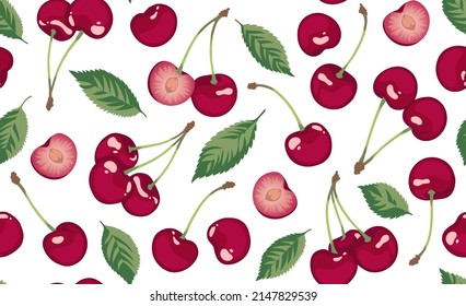 Cherry seamless pattern on white background. Ripe cherries with green leaves. The design is great for wallpaper, fabric, labels, packaging.