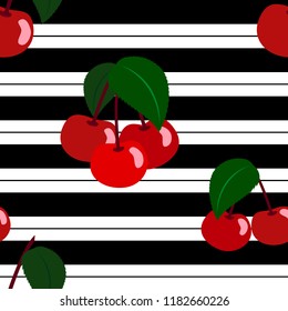 Cherry seamless pattern with ornaments on striped background
