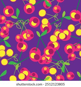 Cherry seamless pattern, pink yellow on blue background, botanical outline vector illustration. Graphic design for background, packaging, textile, banner, greeting card, wedding, invitation, magazin