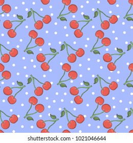 Cherry seamless pattern with polka dots on a blue.Fruits background 