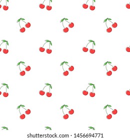 Cherry seamless pattern. Red berry. Fashion design. Food print for kitchen tablecloth, curtain or dishcloth. Hand drawn doodle wallpaper. Vector sketch background