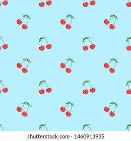 Cherry seamless pattern. Red berry. Fashion design. Food print for kitchen tablecloth, curtain or dishcloth. Hand drawn doodle wallpaper. Vector sketch background