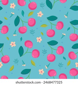 Cherry seamless pattern. Red berry. Fashion design. Food print for kitchen tablecloth, curtain or dishcloth. Hand drawn doodle wallpaper.