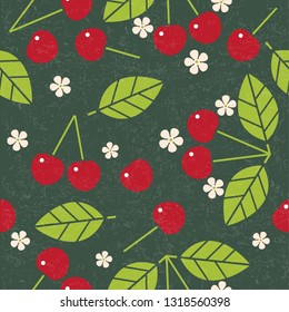 Cherry  seamless pattern. Red ripe cherry with leaves and flowers on shabby background. Original simple flat illustration. Shabby style.
