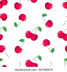 Cherry. Seamless pattern with red sweet cherry berries on white 