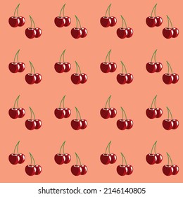 Cherry seamless pattern. Ripe red cherry fruits on pink background. Fresh tasty sweet friut, healthy eco food, vegetarian, summer design