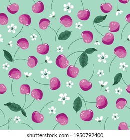 Cherry seamless pattern. Summer beautiful print for textile, fabric, decorative paper. Vector illustration