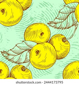 Cherry seamless pattern. Summer berries, fruits, leaves, flowers background. Vector illustration for spring cover, tropical wallpaper texture, backdrop, wedding invitation