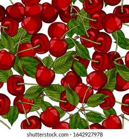 Cherry seamless pattern. Summer fashion print with hand drawn red cherries on white background. Vector isolated illustration in hand drawn style