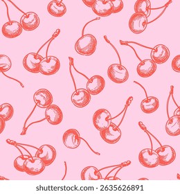 Cherry seamless pattern in trendy pink and red colours. Vector hand drawn sketch berries illustration. Label package background. Wrapping paper, fashion textile print design