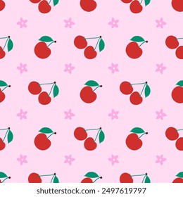 Cherry seamless pattern vector background. Hand drawn cute cherry fruit pattern seamless design.