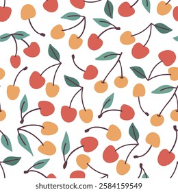 Cherry seamless pattern. Vector background with red and yellow cherries. Vector fruit illustration of cherry for fabric, textile, wrapping paper, scrapbooking.