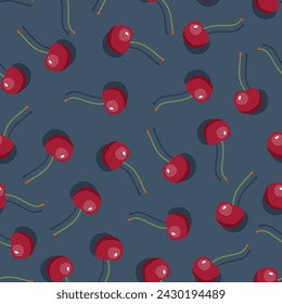 Cherry seamless pattern. Vegan organic eco fruit background. vector illustration.