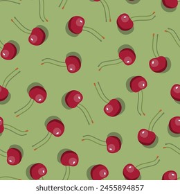 Cherry seamless pattern. Vegan organic eco fruit background. vector illustration.