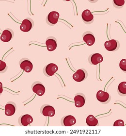 Cherry seamless pattern. Vegan organic eco fruit background. vector illustration.