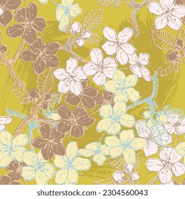 Cherry seamless pattern. Vintage hand drawn vector illustration in sketch style. Doodle cherry and abstract elements. Japanese cherry blossom.