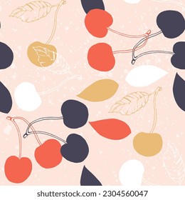 Cherry seamless pattern. Vintage hand drawn vector illustration in sketch style. Doodle cherry and abstract elements. Japanese cherry blossom.
