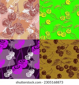 Cherry seamless pattern. Vintage hand drawn vector illustration in sketch style. Doodle cherry and abstract elements. Japanese cherry blossom.