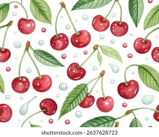 Cherry, seamless pattern, watercolour illustration, background.
