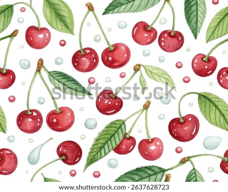 Cherry, seamless pattern, watercolour illustration, background.
