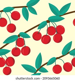 Cherry seamless pattern.Summer berries, fruits, leaves background.Vector illustration for summer cover, wallpaper texture, background, wedding invitation,  gift wrap, fabric.
