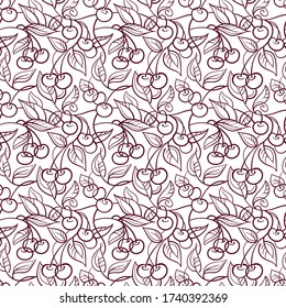 Cherry seamless texture. Beautiful linear vector abstraction. Simple vector pattern with cherries and leaves.