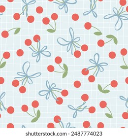 Cherry seamless vector pattern with berry and ribbon bows in simple hand drawn cartoon kawaii style. Pastel palette, soft blue grid background. Ideal for printing baby textiles, clothes, packaging