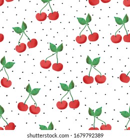 Cherry seamless vector pattern. Hand drawn cherries on dotted black and white background. Painted summer fruits on polka dot backdrop.