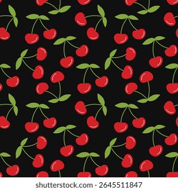 Cherry Seamless Vector Pattern on dark background. Summer Wallpaper. Cherry Background.
