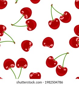 Cherry seamless vector pattern. Red berry isolated on white. Fruit background. Cartoon flat illustration.