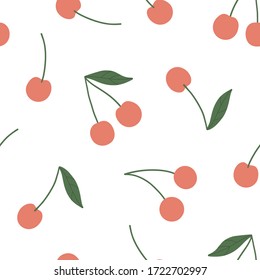 Cherry seamless vector pattern. Summer organic fruit background. Trendy childish pattern with berries for decoration design, poster, textile. Simple vector illustration with vegetarian healthy food