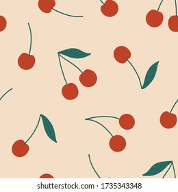 Cherry seamless vector pattern. Summer organic fruit background. Trendy childish pattern with berries for decoration design, poster, textile. Simple vector illustration with vegetarian healthy food