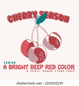 cherry season. cerise drawing. a bright deep red color. small round stone fruit. t-shirt print. graphic design. red. cherry illustration. children girl boy woman man fashion trend.