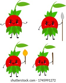 cereza un conjunto de frutas aborígenes que sonríen y se ríen mientras sostienen herramientas primitivas y armas en sus manos un objeto en un fondo blanco planta y concepto de comida
