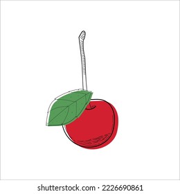 Cherry set. Abstract modern set of cherry icons, whole and leaf isolated on a white background. For internet, printing, product design, logo. Line, contour. Vector hand-drawn flat illustration.