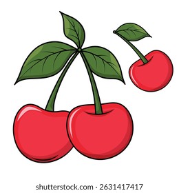 A cherry set in a bright cartoon style with green stems and decorated with detailed green leaves. For use in decorative design, food-themed graphics.