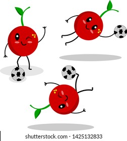 cherry set of cartoon characters playing football concept of sports fruit and vitamins