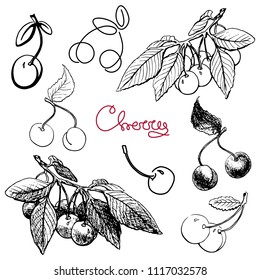 The cherry set. Hand drawn, collection graphics elements black and white